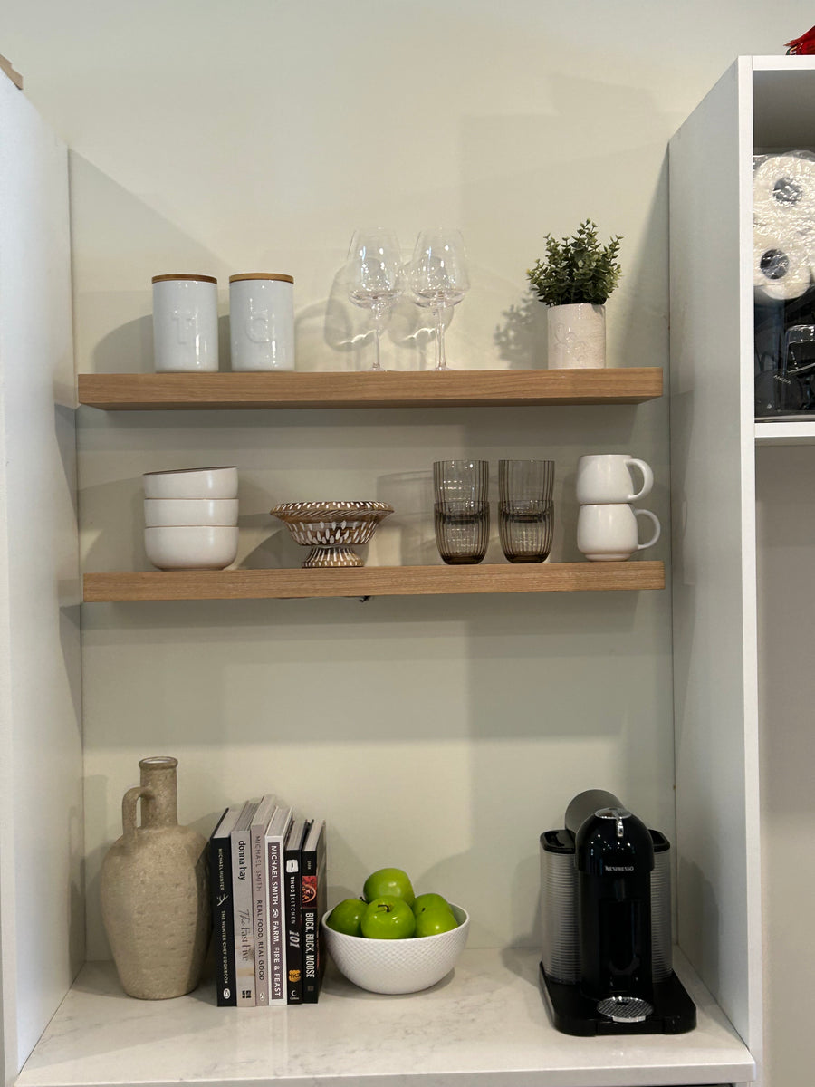 Floating shelves in a customer's kitchen
